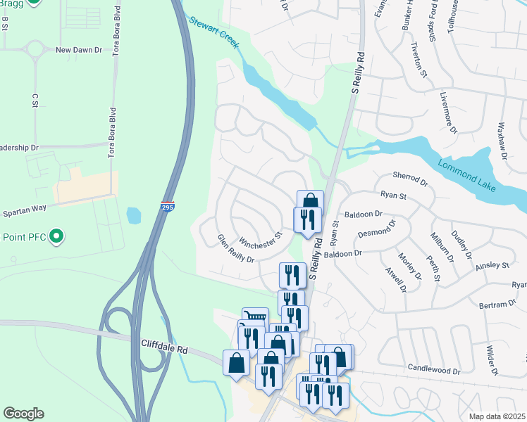 map of restaurants, bars, coffee shops, grocery stores, and more near 6834 Shawcross Lane in Fayetteville
