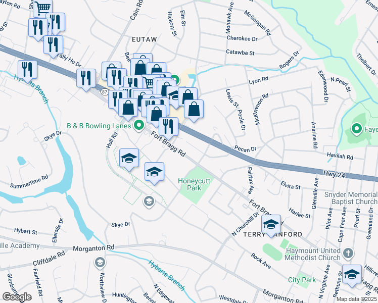 map of restaurants, bars, coffee shops, grocery stores, and more near 2712 Fort Bragg Road in Fayetteville