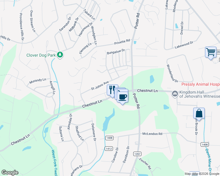 map of restaurants, bars, coffee shops, grocery stores, and more near 1010 Magnolia Trace in Matthews