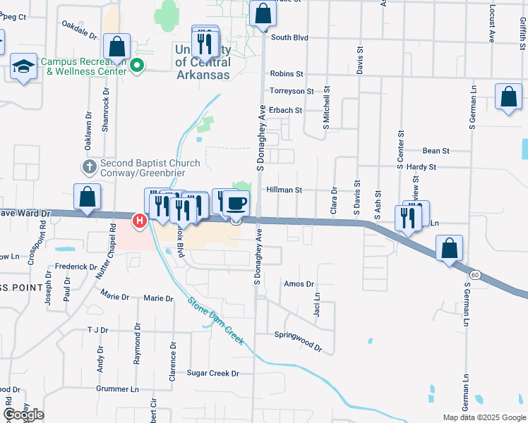map of restaurants, bars, coffee shops, grocery stores, and more near 708 South Donaghey Avenue in Conway