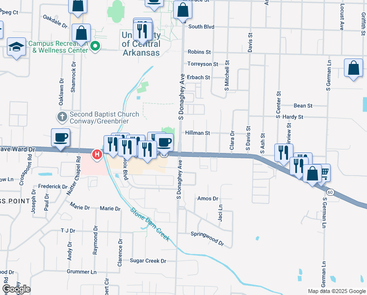 map of restaurants, bars, coffee shops, grocery stores, and more near 708 South Donaghey Avenue in Conway