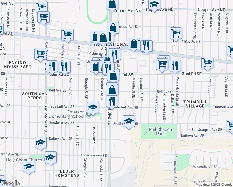 map of restaurants, bars, coffee shops, grocery stores, and more near 521 Alcazar Street Southeast in Albuquerque
