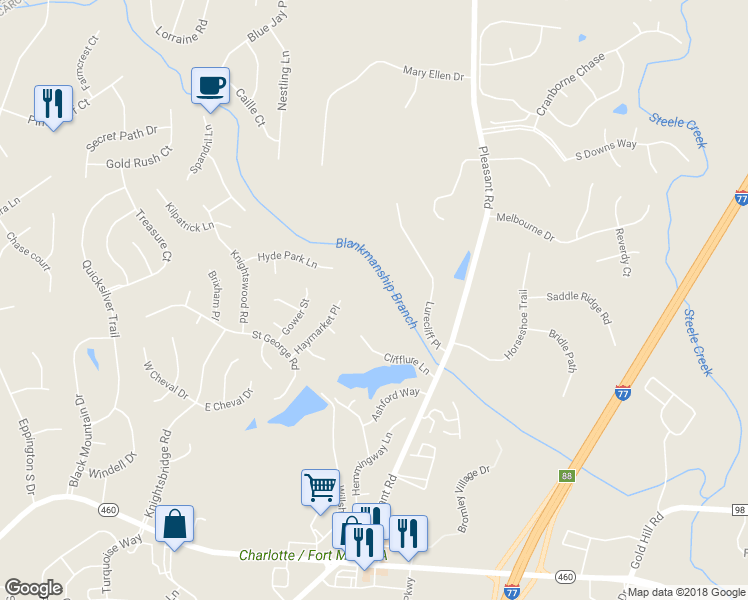 map of restaurants, bars, coffee shops, grocery stores, and more near 1316 Clifflure Lane in Fort Mill