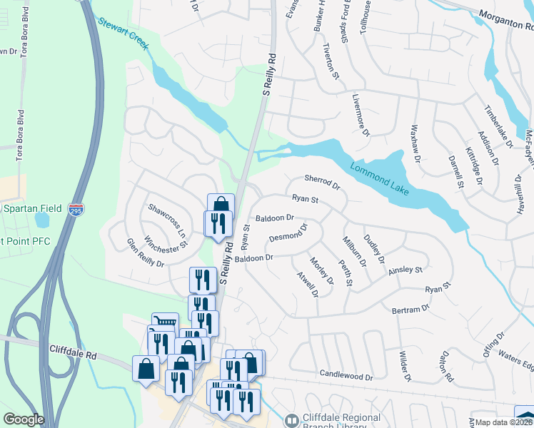 map of restaurants, bars, coffee shops, grocery stores, and more near 6506 Baldoon Dr in Fayetteville