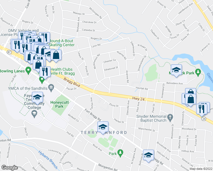 map of restaurants, bars, coffee shops, grocery stores, and more near 806 McKimmon Road in Fayetteville