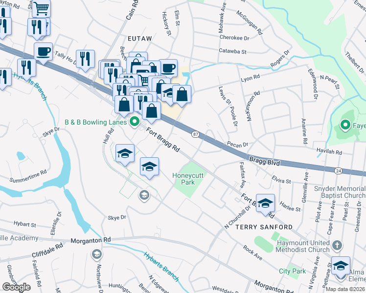 map of restaurants, bars, coffee shops, grocery stores, and more near 2712 Fort Bragg Road in Fayetteville