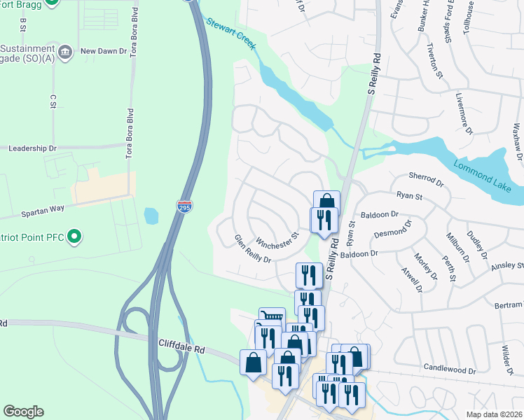 map of restaurants, bars, coffee shops, grocery stores, and more near 6831 Torrance Lane in Fayetteville