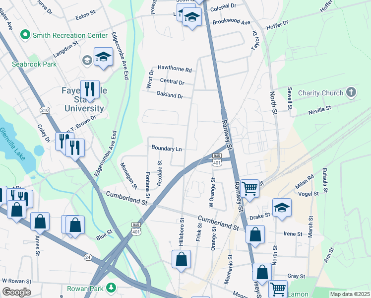 map of restaurants, bars, coffee shops, grocery stores, and more near 900 Hillsboro Street in Fayetteville