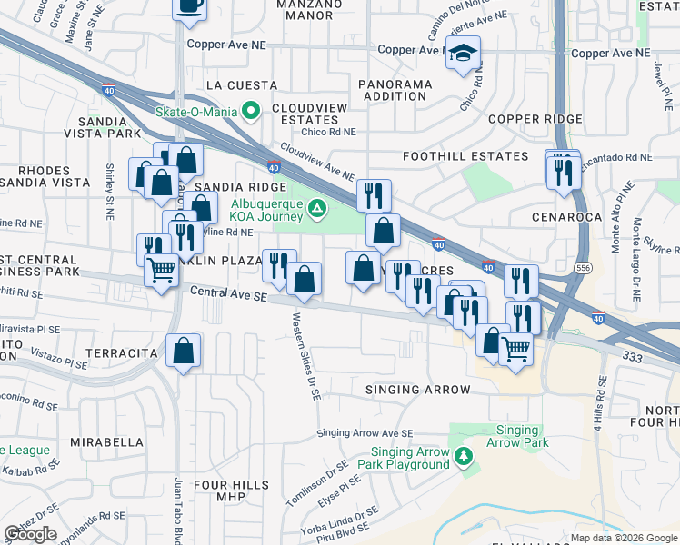 map of restaurants, bars, coffee shops, grocery stores, and more near 200 Figueroa Street Northeast in Albuquerque