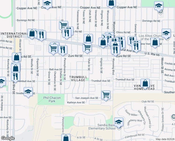 map of restaurants, bars, coffee shops, grocery stores, and more near 417 Utah Street Southeast in Albuquerque