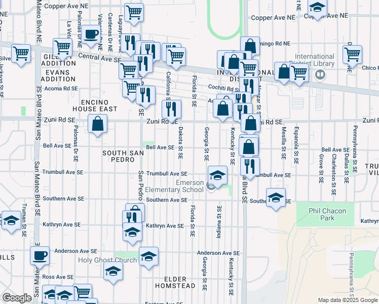 map of restaurants, bars, coffee shops, grocery stores, and more near 521 Florida Street Southeast in Albuquerque