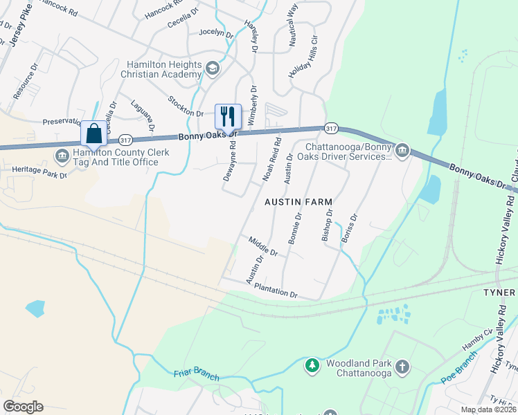 map of restaurants, bars, coffee shops, grocery stores, and more near 7611 Austin Drive in Chattanooga