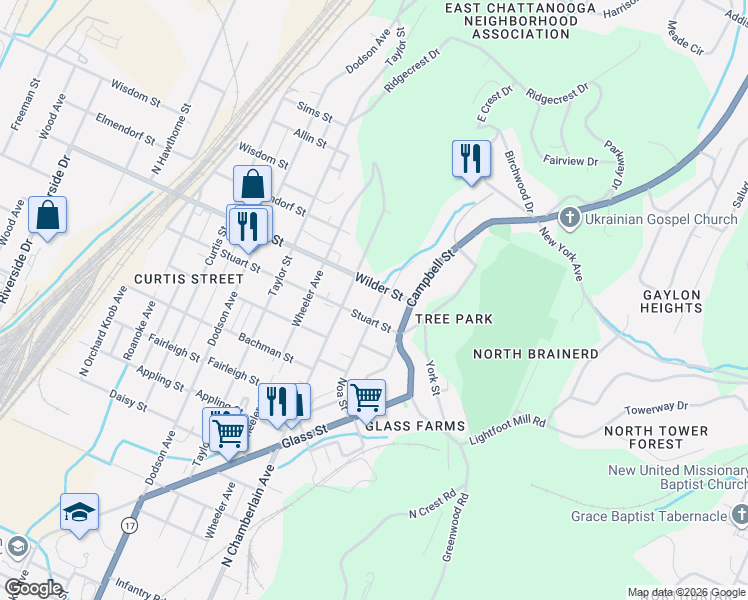 map of restaurants, bars, coffee shops, grocery stores, and more near 2515 Stuart Street in Chattanooga