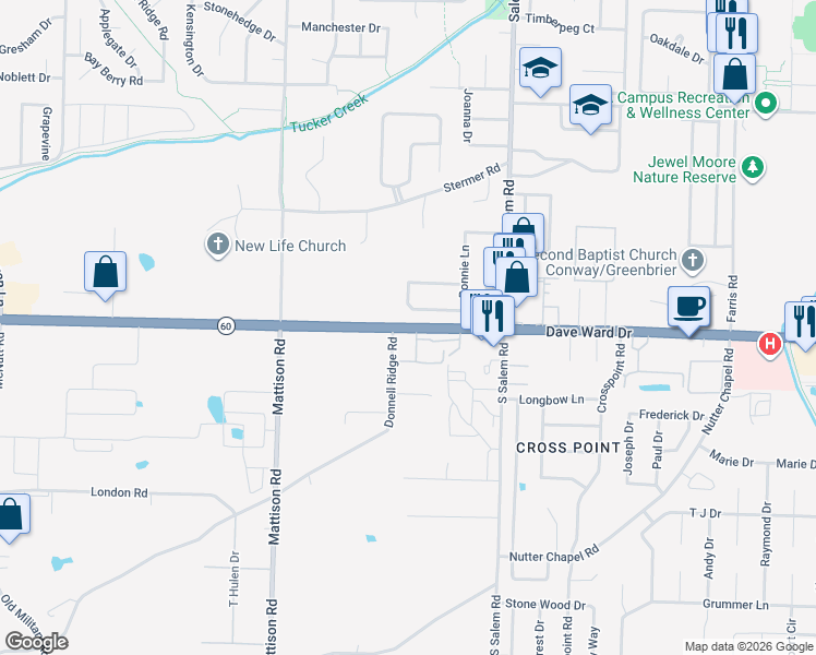 map of restaurants, bars, coffee shops, grocery stores, and more near 3020A Donnell Ridge Road in Conway