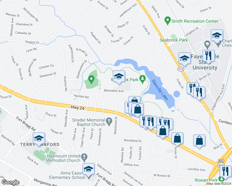 map of restaurants, bars, coffee shops, grocery stores, and more near 1501 Belvedere Avenue in Fayetteville