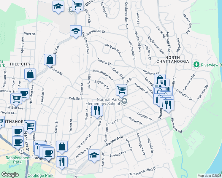 map of restaurants, bars, coffee shops, grocery stores, and more near 822 Tremont Street in Chattanooga