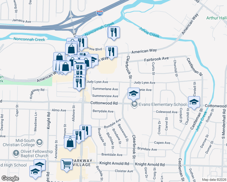 map of restaurants, bars, coffee shops, grocery stores, and more near 4869 Summerview Avenue in Memphis