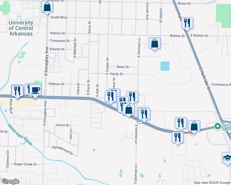 map of restaurants, bars, coffee shops, grocery stores, and more near 728 Fairview Street in Conway