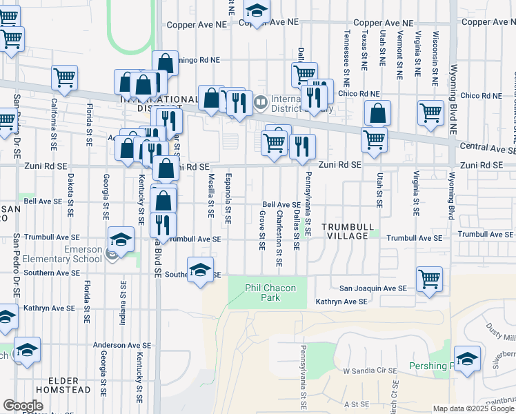 map of restaurants, bars, coffee shops, grocery stores, and more near 401 Grove Street Southeast in Albuquerque
