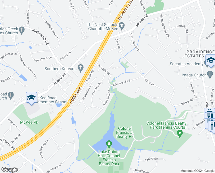 map of restaurants, bars, coffee shops, grocery stores, and more near 6527 Falls Lake Drive in Charlotte