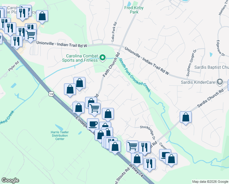 map of restaurants, bars, coffee shops, grocery stores, and more near 2210 Tree Ridge Road in Indian Trail