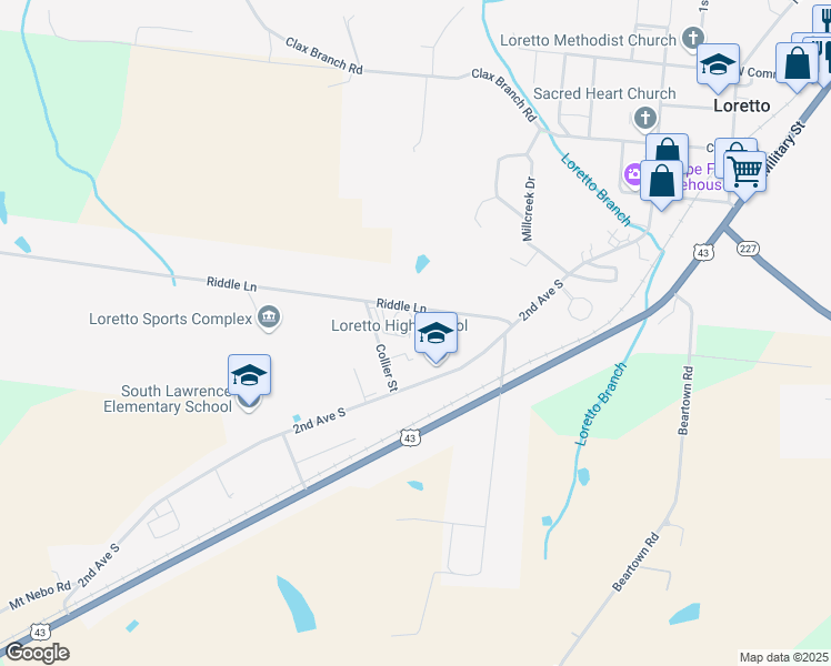 map of restaurants, bars, coffee shops, grocery stores, and more near 525 2nd Avenue South in Loretto