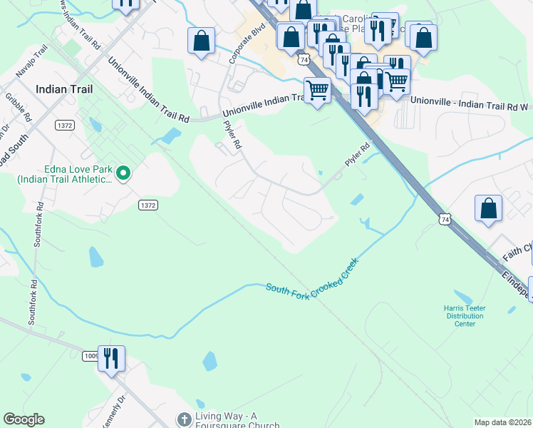map of restaurants, bars, coffee shops, grocery stores, and more near 1019 Cranston Crossing Place in Indian Trail