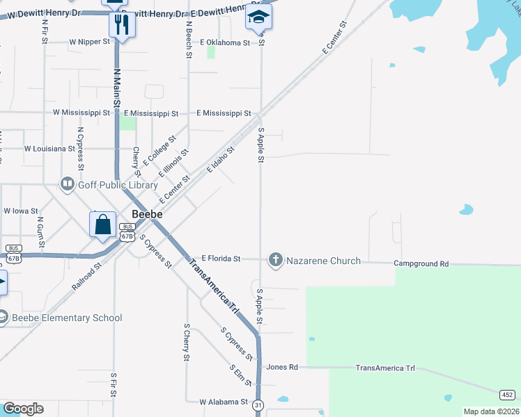 map of restaurants, bars, coffee shops, grocery stores, and more near 210 South Apple Street in Beebe