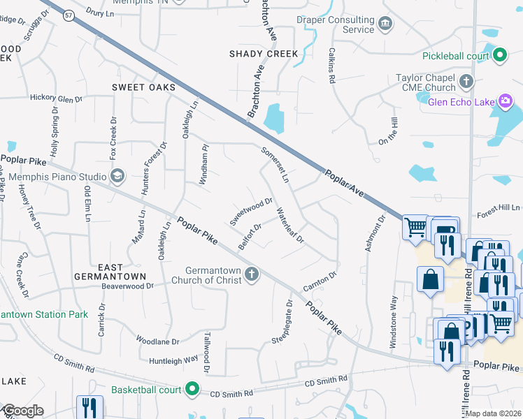 map of restaurants, bars, coffee shops, grocery stores, and more near 2887 Belfort Drive in Germantown