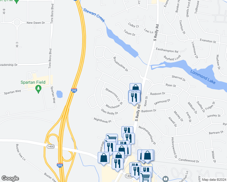map of restaurants, bars, coffee shops, grocery stores, and more near 6842 Shawcross Lane in Fayetteville