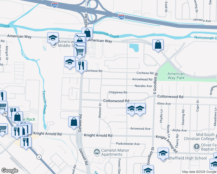 map of restaurants, bars, coffee shops, grocery stores, and more near 4065 Chippewa Road in Memphis