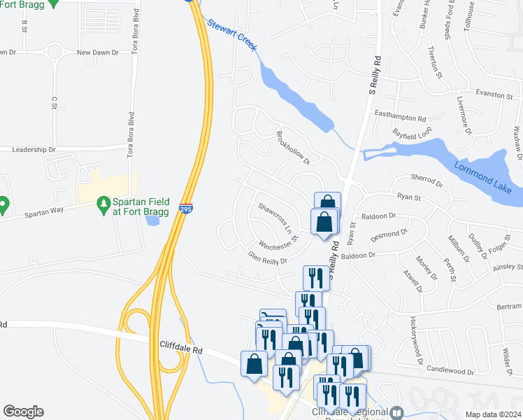 map of restaurants, bars, coffee shops, grocery stores, and more near 6859 Shawcross Lane in Fayetteville