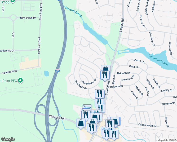 map of restaurants, bars, coffee shops, grocery stores, and more near 6842 Shawcross Lane in Fayetteville