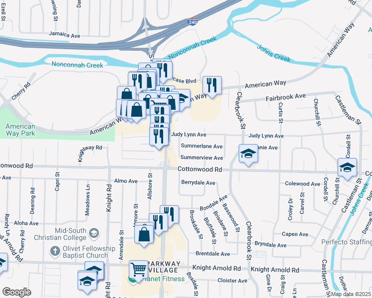 map of restaurants, bars, coffee shops, grocery stores, and more near 4779 Summerview Avenue in Memphis