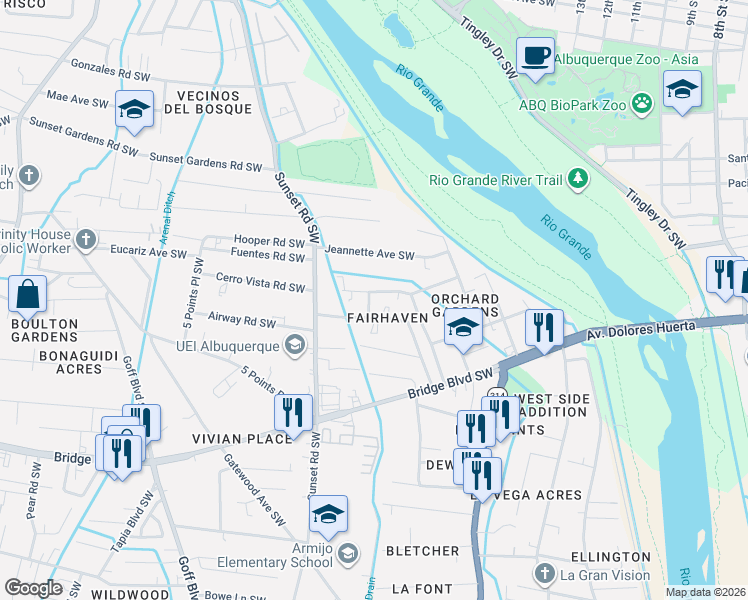 map of restaurants, bars, coffee shops, grocery stores, and more near 1322 Fairhaven Avenue Southwest in Albuquerque