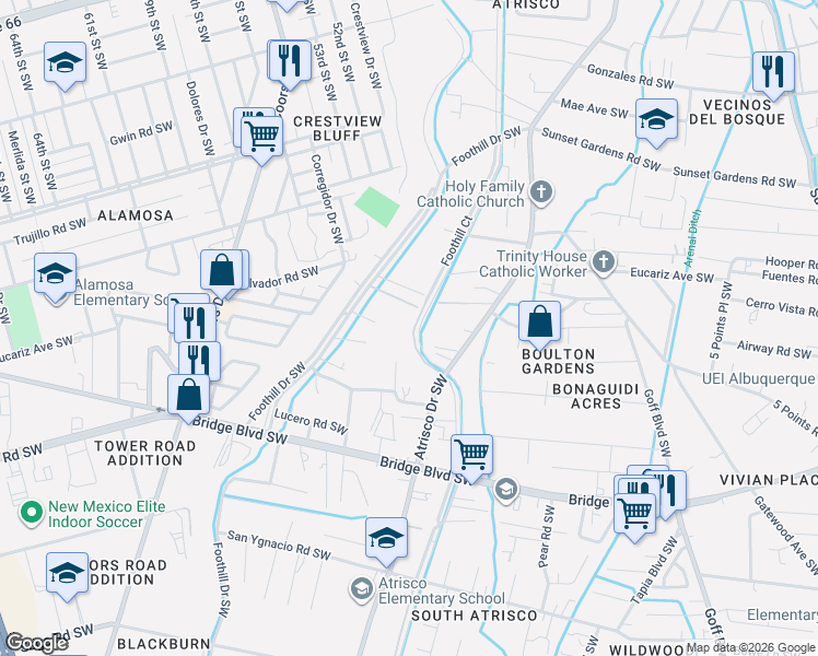 map of restaurants, bars, coffee shops, grocery stores, and more near 803 Atrisco Drive Southwest in Albuquerque