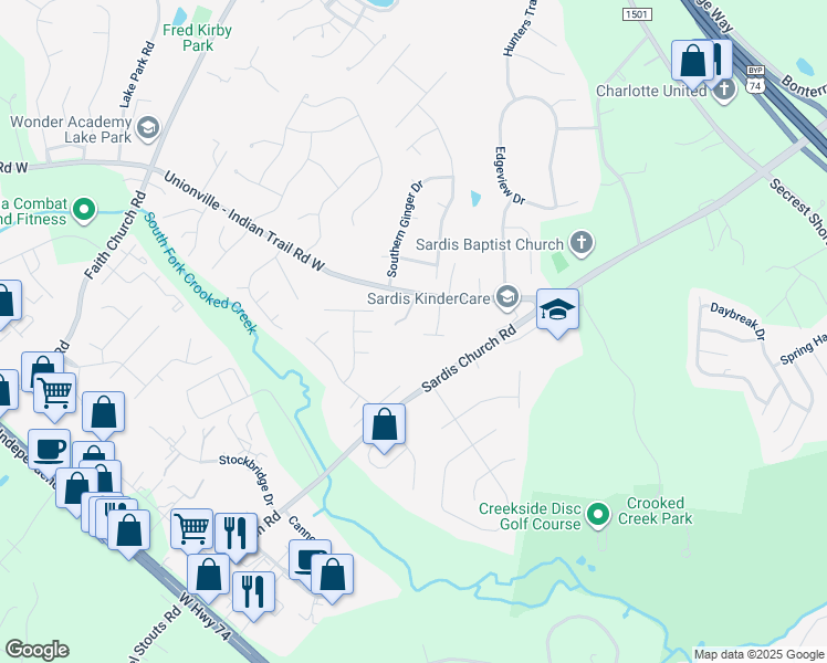 map of restaurants, bars, coffee shops, grocery stores, and more near 1000 Josey Lane in Indian Trail