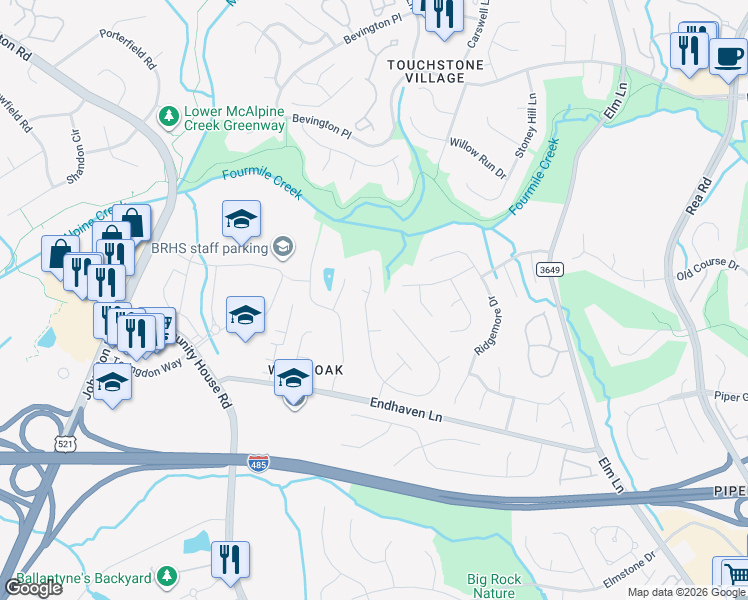 map of restaurants, bars, coffee shops, grocery stores, and more near 10408 Golden Leaf Court in Charlotte