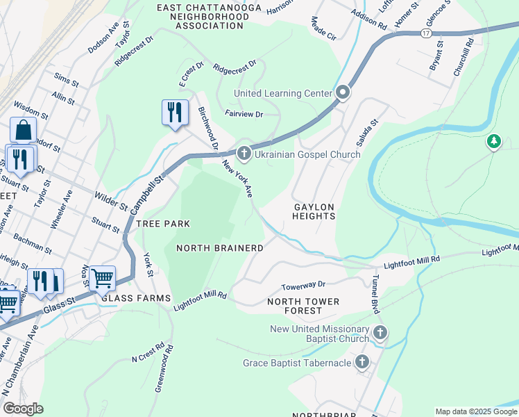 map of restaurants, bars, coffee shops, grocery stores, and more near 2920 Pennsylvania Avenue in Chattanooga