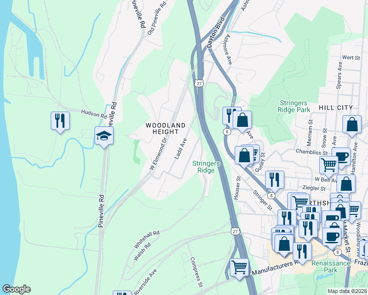 map of restaurants, bars, coffee shops, grocery stores, and more near 447 Wayne Avenue in Chattanooga