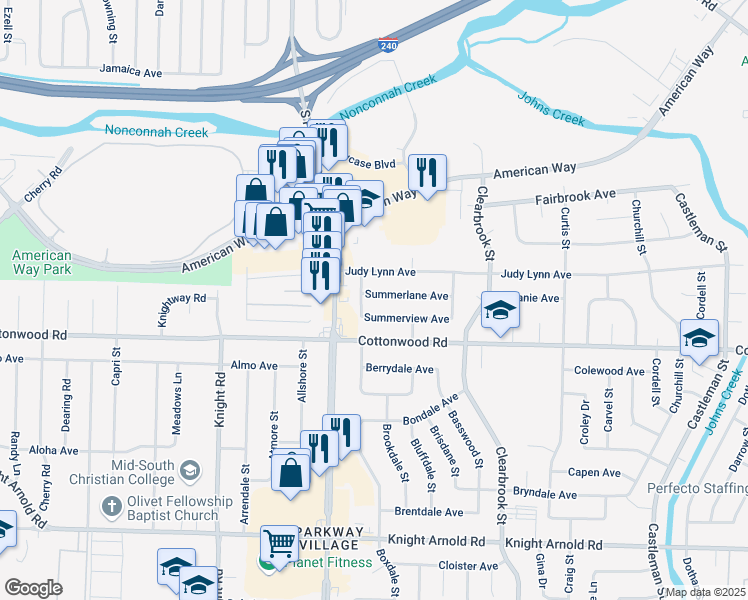 map of restaurants, bars, coffee shops, grocery stores, and more near 4779 Summerview Avenue in Memphis
