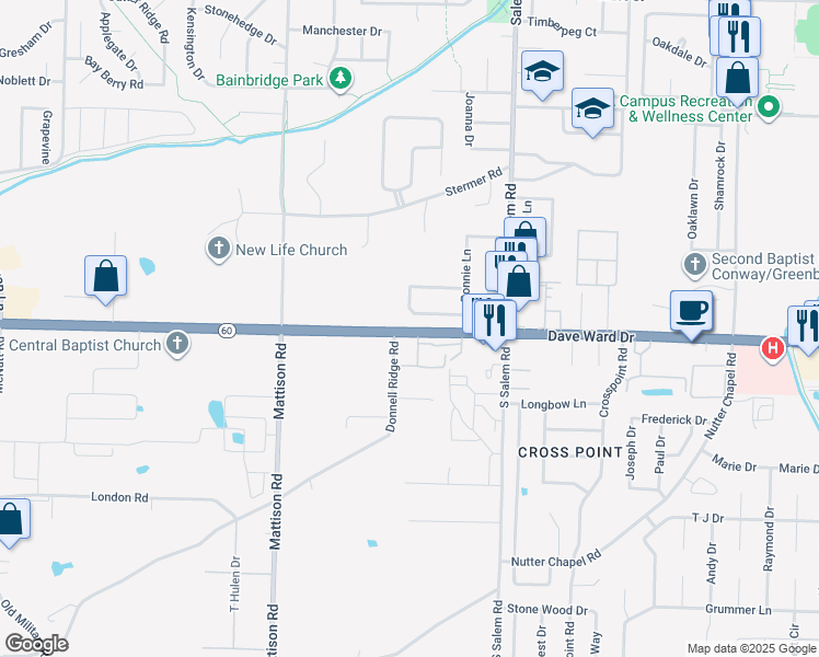 map of restaurants, bars, coffee shops, grocery stores, and more near 3020A Donnell Ridge Road in Conway