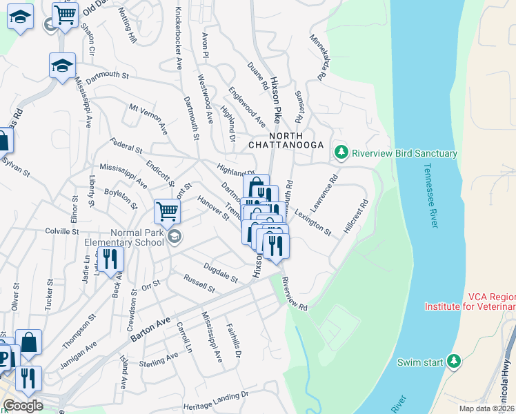 map of restaurants, bars, coffee shops, grocery stores, and more near 1307 Hixson Pike in Chattanooga