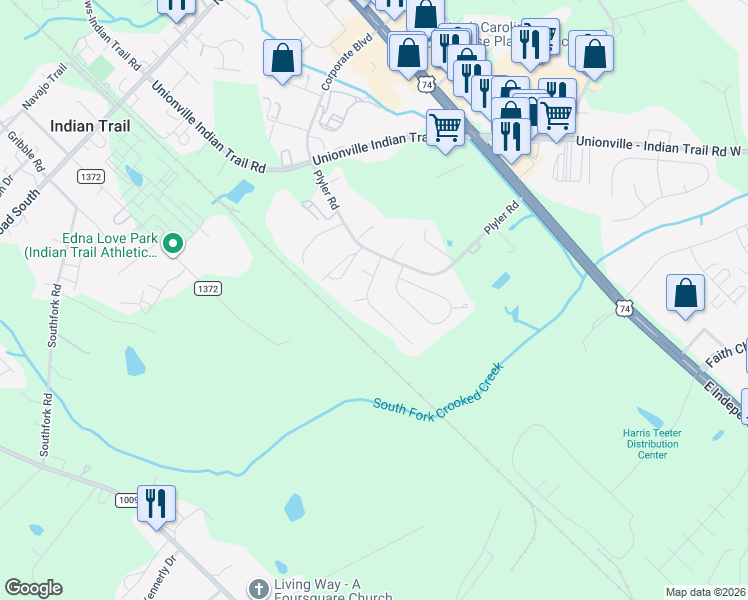 map of restaurants, bars, coffee shops, grocery stores, and more near 1020 Cranston Crossing Place in Indian Trail