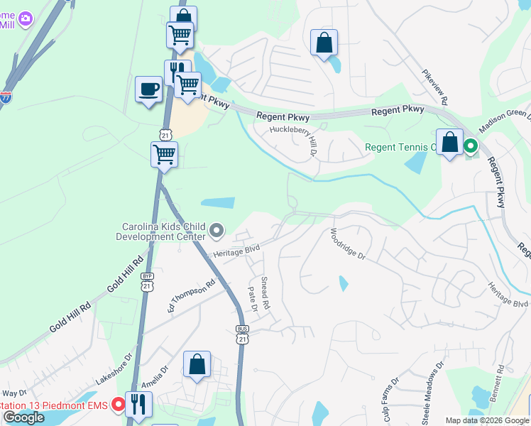 map of restaurants, bars, coffee shops, grocery stores, and more near 211 Heritage Boulevard in Fort Mill