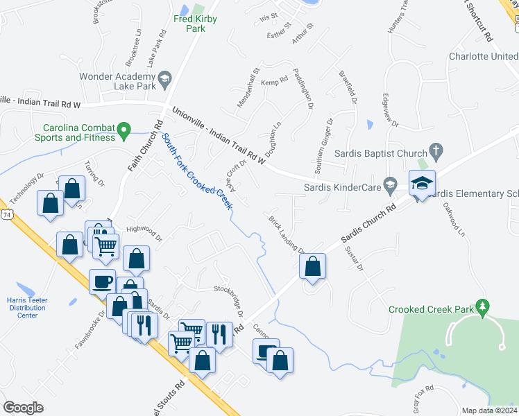 map of restaurants, bars, coffee shops, grocery stores, and more near 6106 Brick Landing Drive in Monroe