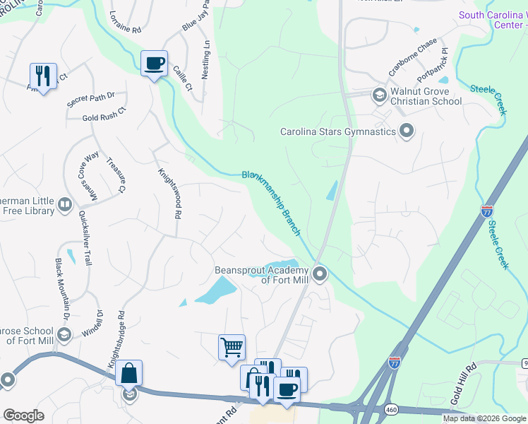 map of restaurants, bars, coffee shops, grocery stores, and more near 1316 Clifflure Lane in Fort Mill