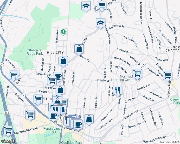 map of restaurants, bars, coffee shops, grocery stores, and more near 717 Forest Avenue in Chattanooga