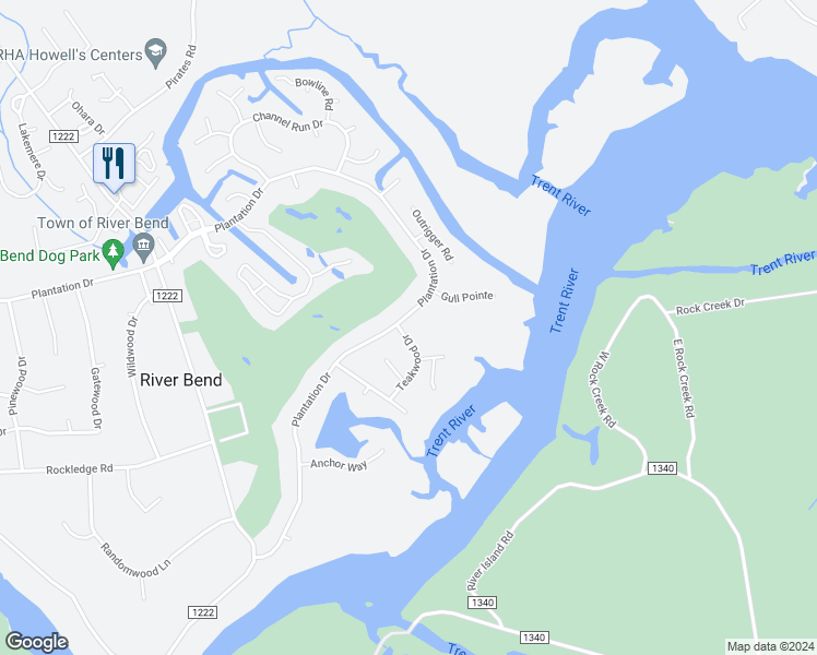 map of restaurants, bars, coffee shops, grocery stores, and more near 502 Plantation Drive in New Bern