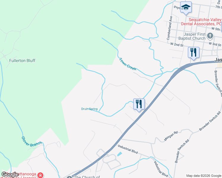 map of restaurants, bars, coffee shops, grocery stores, and more near 569 Summertown Road in Jasper